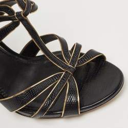 Pre Owned Dolce & Gabbana Black/Gold Lizard Embossed Leather Ankle Strap Sandals Size 41