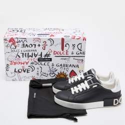 Pre Owned Dolce & Gabbana Black/Silver Leather Portofino Low Top Sneakers Size 37