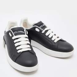Pre Owned Dolce & Gabbana Black/Silver Leather Portofino Low Top Sneakers Size 37