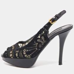 Dolce & Gabbana Black Lace Peep Toe Platform Slingback Pumps Size 37.5