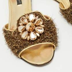 Pre Owned Dolce & Gabbana Brown / Gold Mesh and Leather Crystal Embellished Sofia Flat Slides Size 37.5
