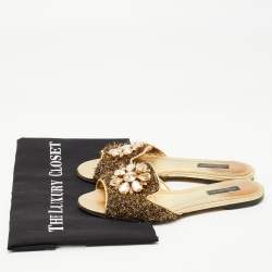 Pre Owned Dolce & Gabbana Brown / Gold Mesh and Leather Crystal Embellished Sofia Flat Slides Size 37.5
