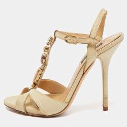 Pre Owned Dolce & Gabbana Beige Lizard Embossed Leather T strap Sandals Size 36