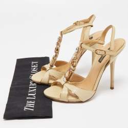 Pre Owned Dolce & Gabbana Beige Lizard Embossed Leather T strap Sandals Size 36