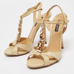 Pre Owned Dolce & Gabbana Beige Lizard Embossed Leather T strap Sandals Size 36