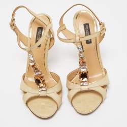 Pre Owned Dolce & Gabbana Beige Lizard Embossed Leather T strap Sandals Size 36