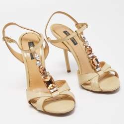 Pre Owned Dolce & Gabbana Beige Lizard Embossed Leather T strap Sandals Size 36