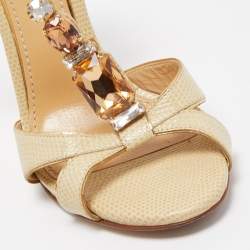 Pre Owned Dolce & Gabbana Beige Lizard Embossed Leather T strap Sandals Size 36