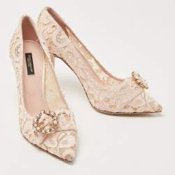 Pre Owned Dolce & Gabbana Pastel Pink Lace Crystal Embellished Pointed Toe Pumps Size 39