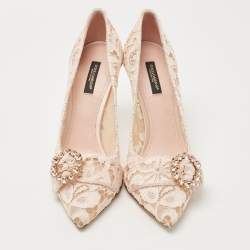 Pre Owned Dolce & Gabbana Pastel Pink Lace Crystal Embellished Pointed Toe Pumps Size 39
