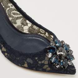 Pre Owned Dolce & Gabbana Navy Blue Lace and Mesh Bellucci  Pumps Size 37.5