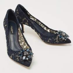 Pre Owned Dolce & Gabbana Navy Blue Lace and Mesh Bellucci  Pumps Size 37.5