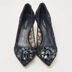 Pre Owned Dolce & Gabbana Navy Blue Lace and Mesh Bellucci  Pumps Size 37.5