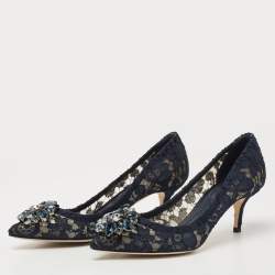 Pre Owned Dolce & Gabbana Navy Blue Lace and Mesh Bellucci  Pumps Size 37.5