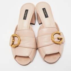 Pre Owned Dolce & Gabbana Pink Leather Logo Embellished Block Heel Peep Toe Sandals Size 38