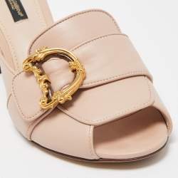 Pre Owned Dolce & Gabbana Pink Leather Logo Embellished Block Heel Peep Toe Sandals Size 38