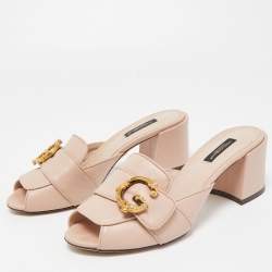 Pre Owned Dolce & Gabbana Pink Leather Logo Embellished Block Heel Peep Toe Sandals Size 38