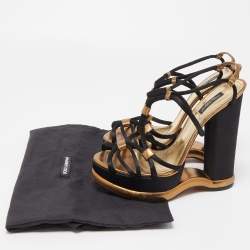 Pre Owned Dolce & Gabbana Black/Gold Leather and Satin Strappy Wedge Sandals Size 40