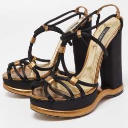 Pre Owned Dolce & Gabbana Black/Gold Leather and Satin Strappy Wedge Sandals Size 40