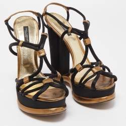 Pre Owned Dolce & Gabbana Black/Gold Leather and Satin Strappy Wedge Sandals Size 40