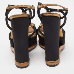 Pre Owned Dolce & Gabbana Black/Gold Leather and Satin Strappy Wedge Sandals Size 40
