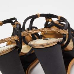 Pre Owned Dolce & Gabbana Black/Gold Leather and Satin Strappy Wedge Sandals Size 40