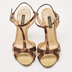 Pre Owned Dolce & Gabbana Brown/Black Canvas T strap Sandals Size 36
