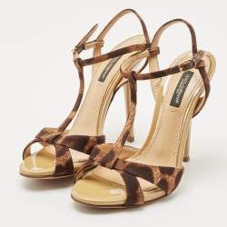 Pre Owned Dolce & Gabbana Brown/Black Canvas T strap Sandals Size 36