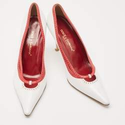 Pre Owned Dolce & Gabbana White / Red Leather Perforated Pointed Toe Platform Pumps Size 38
