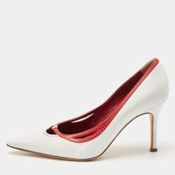Pre Owned Dolce & Gabbana White / Red Leather Perforated Pointed Toe Platform Pumps Size 38
