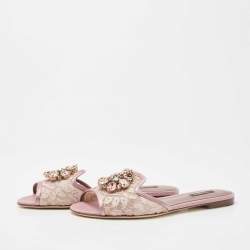 Pre Owned Dolce & Gabbana Pink Satin and Lace Sofia Crystal Embellished Slide Flat Sandals Size 38.5