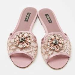 Pre Owned Dolce & Gabbana Pink Satin and Lace Sofia Crystal Embellished Slide Flat Sandals Size 38.5
