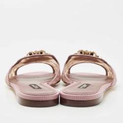 Pre Owned Dolce & Gabbana Pink Satin and Lace Sofia Crystal Embellished Slide Flat Sandals Size 38.5