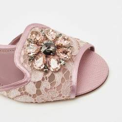 Pre Owned Dolce & Gabbana Pink Satin and Lace Sofia Crystal Embellished Slide Flat Sandals Size 38.5