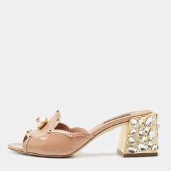 Pre Owned Dolce & Gabbana Beige Patent Leather Embellished Block Heels Slide Sandals Size 36