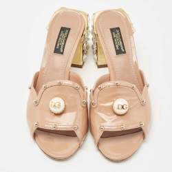 Pre Owned Dolce & Gabbana Beige Patent Leather Embellished Block Heels Slide Sandals Size 36
