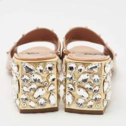 Pre Owned Dolce & Gabbana Beige Patent Leather Embellished Block Heels Slide Sandals Size 36