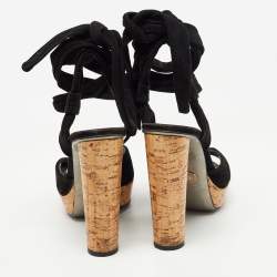 Pre Owned Dolce & Gabbana Black Suede Lace Up Ankle Strap Cork Platform Heel Sandals Size 38.5