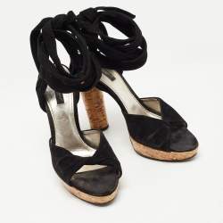 Pre Owned Dolce & Gabbana Black Suede Lace Up Ankle Strap Cork Platform Heel Sandals Size 38.5