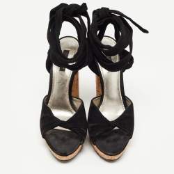 Pre Owned Dolce & Gabbana Black Suede Lace Up Ankle Strap Cork Platform Heel Sandals Size 38.5