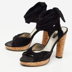 Pre Owned Dolce & Gabbana Black Suede Lace Up Ankle Strap Cork Platform Heel Sandals Size 38.5