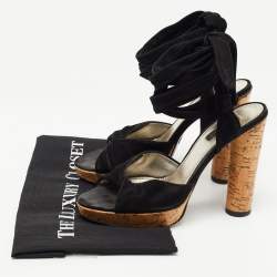 Pre Owned Dolce & Gabbana Black Suede Lace Up Ankle Strap Cork Platform Heel Sandals Size 38.5