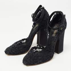 Dolce & Gabbana Black Mesh and Lace Ankle Strap Sandals Size 39