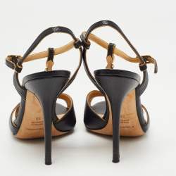 Pre Owned Dolce & Gabbana Black Lizard Embossed Leather Crystal Embellished T-Strap Sandals Size 39