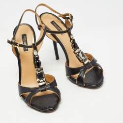 Pre Owned Dolce & Gabbana Black Lizard Embossed Leather Crystal Embellished T-Strap Sandals Size 39