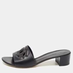 Pre Owned Dolce & Gabbana Black Leather Laser Cut Logo Slide Sandals Size 41