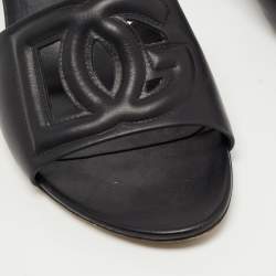 Pre Owned Dolce & Gabbana Black Leather Laser Cut Logo Slide Sandals Size 41