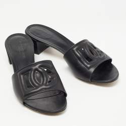 Pre Owned Dolce & Gabbana Black Leather Laser Cut Logo Slide Sandals Size 41