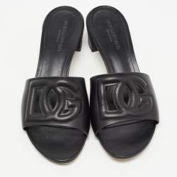 Pre Owned Dolce & Gabbana Black Leather Laser Cut Logo Slide Sandals Size 41
