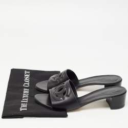 Pre Owned Dolce & Gabbana Black Leather Laser Cut Logo Slide Sandals Size 41